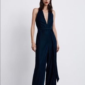 Zara green velvet look jumpsuit